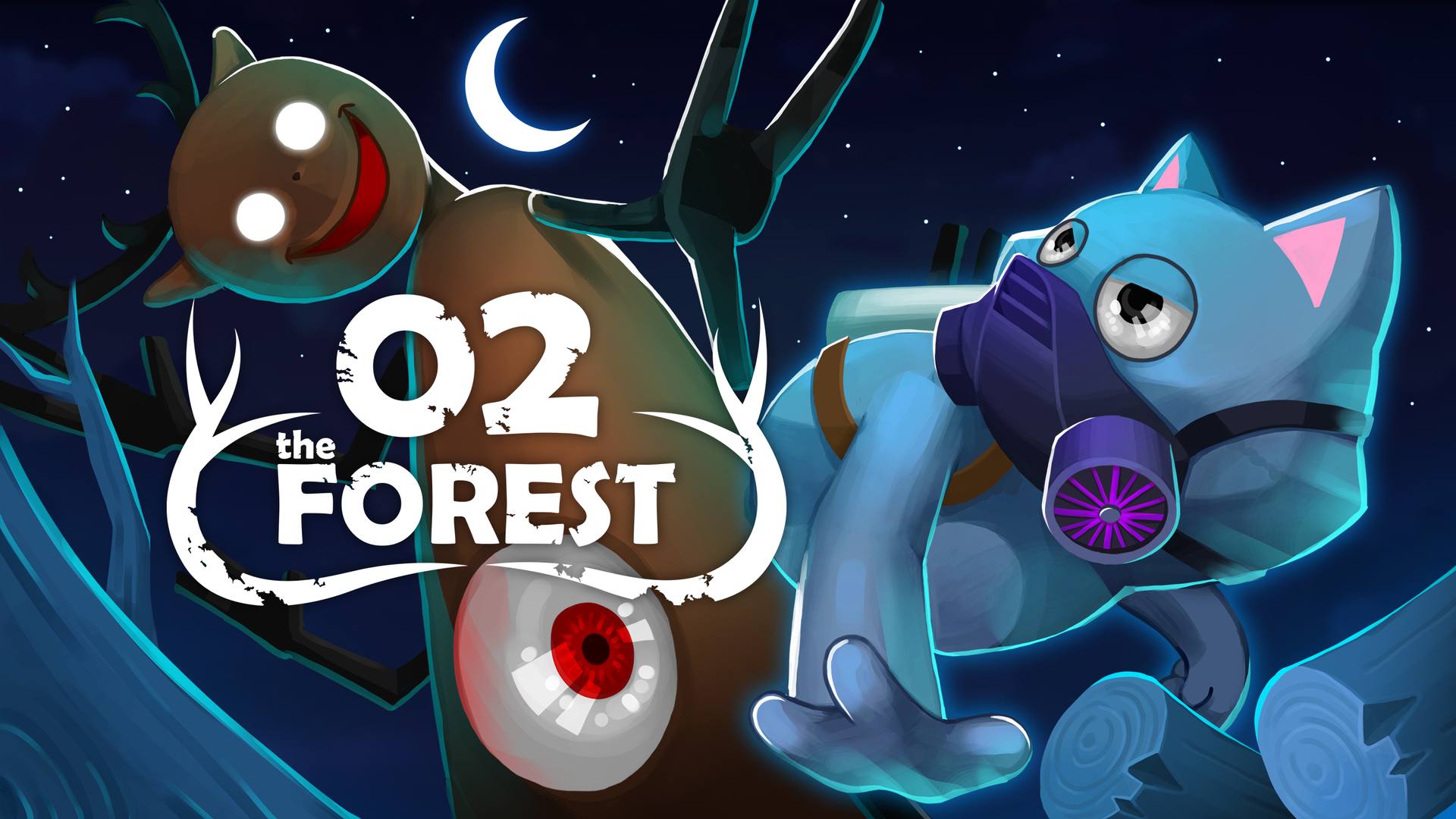 O2 the Forest key art: a blue cat in a gas mask in the forest at night